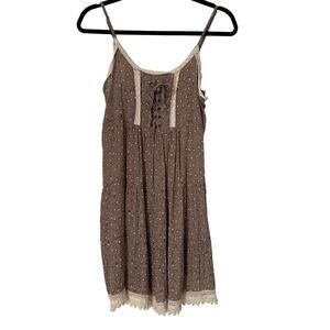 Sacred Threads Dress Size ML Brown‎ Sleeveless Floral Crochet Trim Knee Length